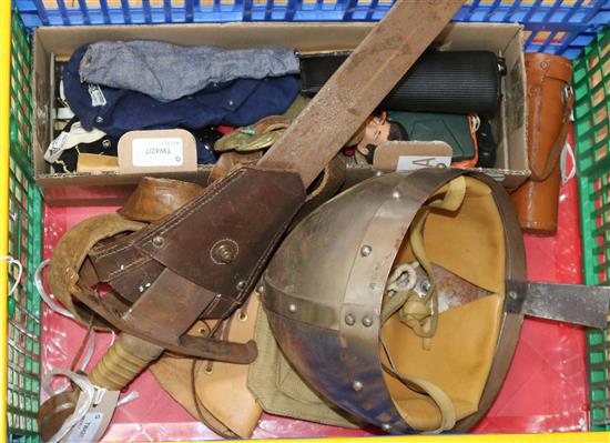 A pair of Ray-Ban Wayfarer sunglasses, re-enactment helmet and sword, Action Man with accessories and an Orbit telescope